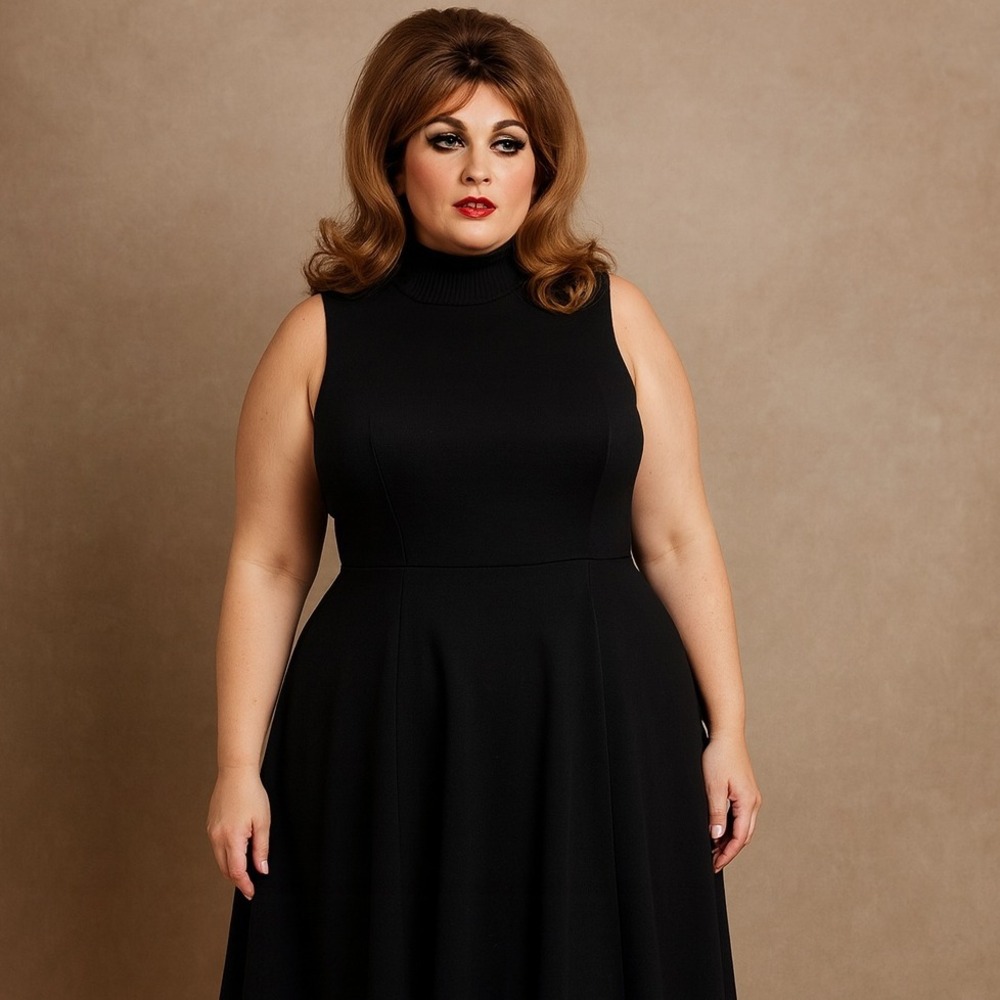 Vintage 70s Black Knit Mock Neck Sleeveless Fit Flare Dress Retro Mod Minimalist
